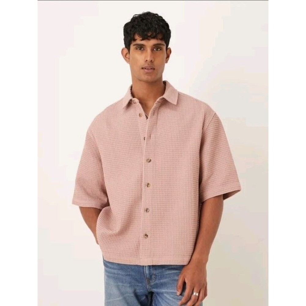 ASOS DESIGN Boxy Oversized Waffle Textured Shirt In Dusty Pink Size Large NWOT L